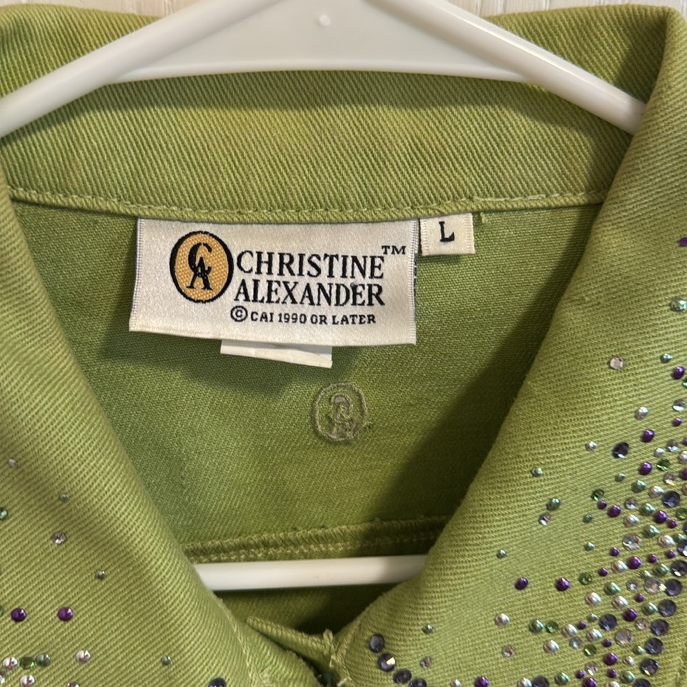 Christine Alexander Women's Large Green Denim Rhinestone Long Sleeve Button Down - Picture 6 of 15